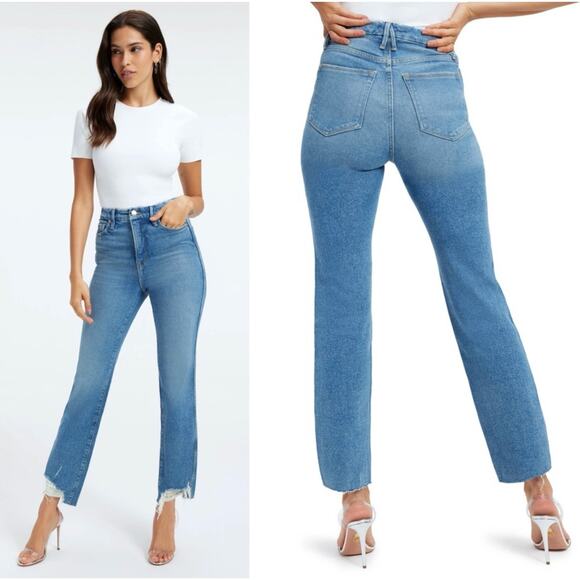 Good American Denim - Good American Good Curve Straight Leg Fray Hem Jean Blue 313 Women's Size 29